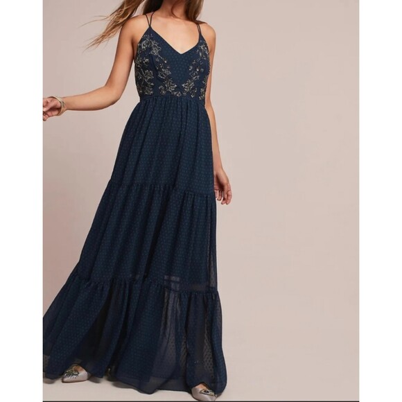 Dresses & Skirts - RANNA GILL Lucinda Navy Blue Beaded Bodice Lined Spaghetti Strap Maxi Dress Sz 4